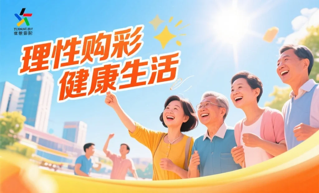 一张充满活力的宣传海报，展示“理性购彩，健康生活”的主题，画面有阳光、微笑的市民和醒目的正能量标语